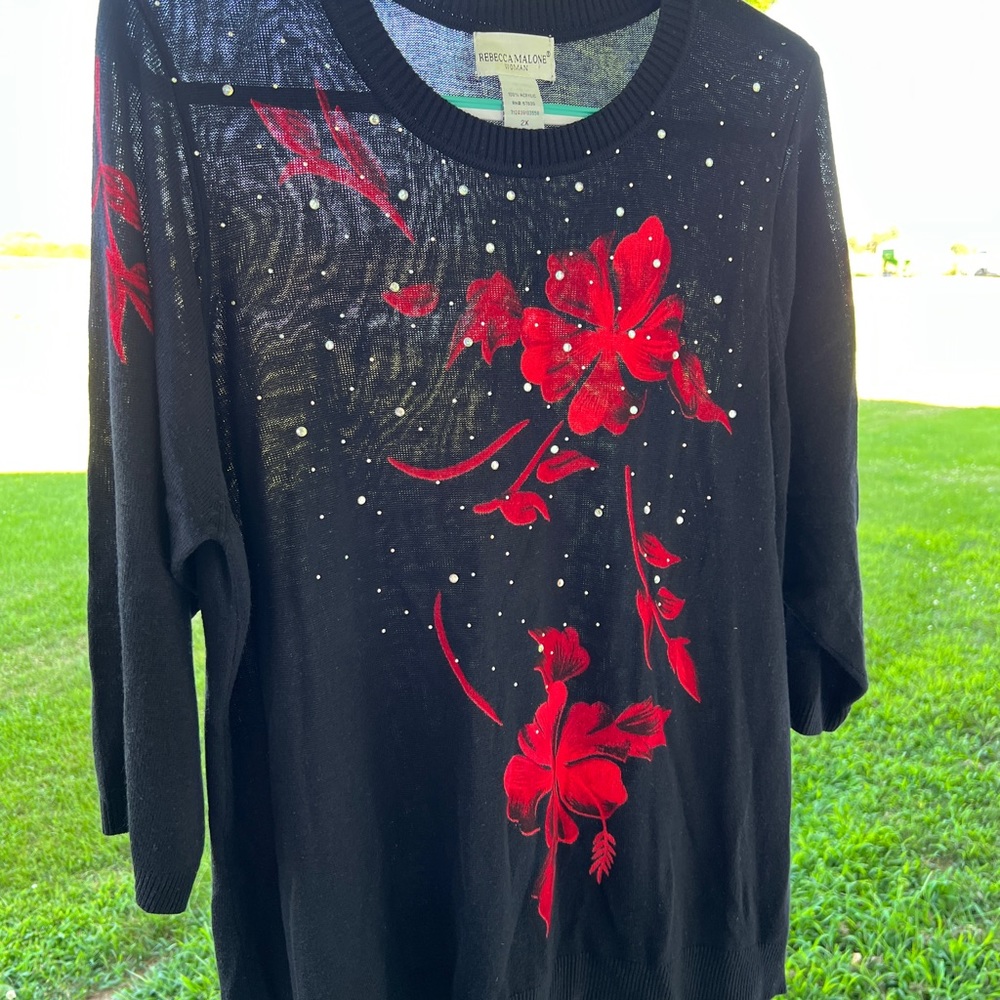 Rebecca Malone black sweater with Poinsettia 2x